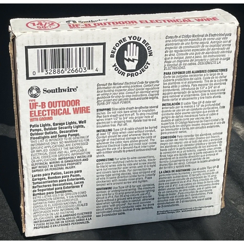 Southwire 14/2 UF-B Outdoor Electrical Wire with Ground - 50 FT Roll 600V NEW